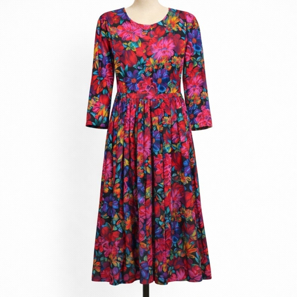 Vintage 80s Bright Floral Pleated Midi Dress Sz L Retro Cottagecore Granola Twee